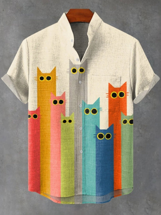Men's Fun Cat Print Casual Linen Blend Short-sleeve Shirt