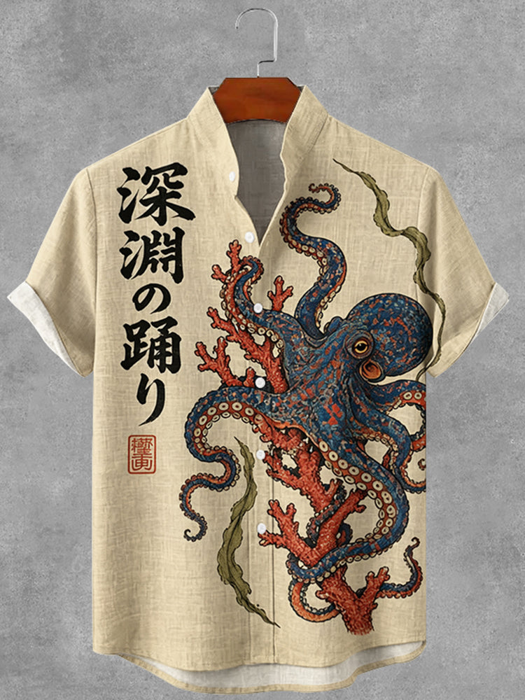 Vintage Japanese Octopus Art Print Casual Cotton Linen Shirt