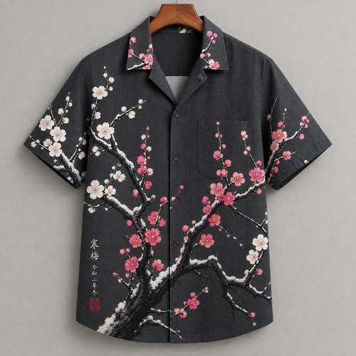 Men's Dark Gray Winter Plum Blossom Snow Branch Print Short Sleeve Shirt