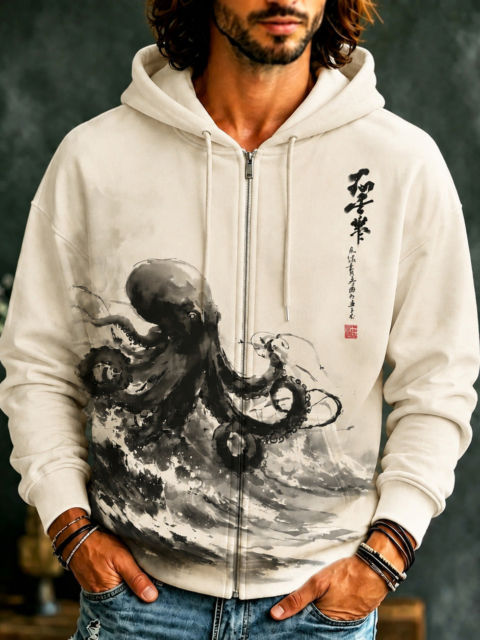 Men's Japanese Octopus On The Sea Art Print Casual Zip Up Hoodie