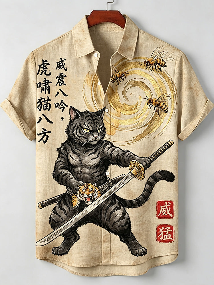 Men's Japanese Warrior Tiger Cat Art Pattern Casual Linen Shirt