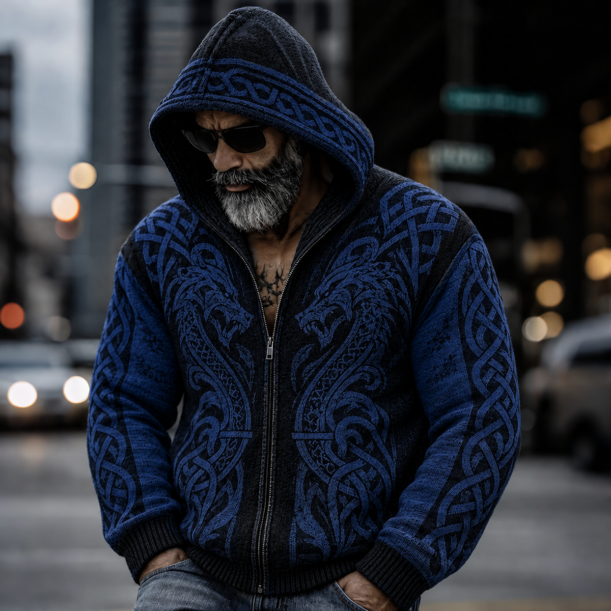 Men's Vintage Viking Dragon Celtic Knot Cozy Warm Knitted Jacquard Zipper Hooded Sweater