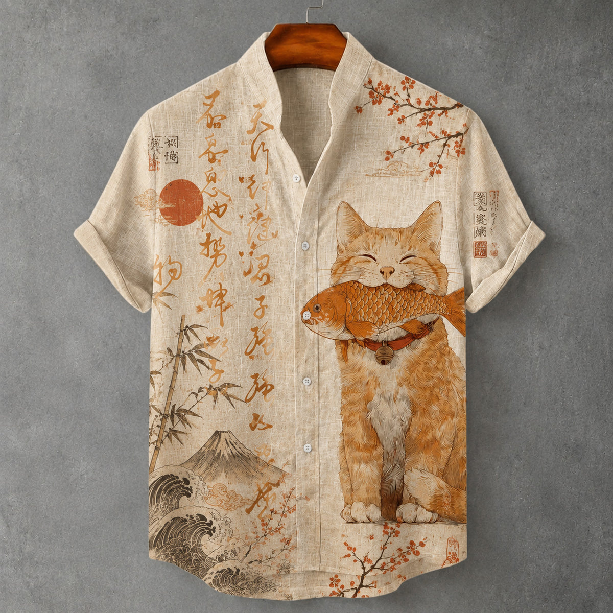 Men's Retro Japanese Art Cat And Calligraphy Print Short-sleeve Shirt