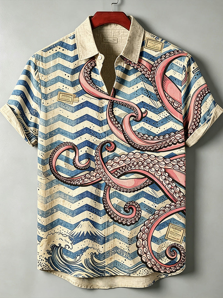 Men's Retro Octopus Wave Mt. Fuji Ukiyo-e Print Short-sleeve Linen Shirt