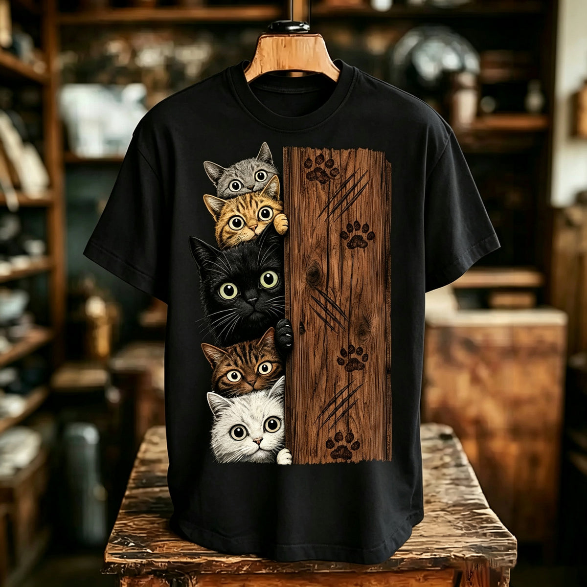 Men's Retro Cat Print Casual Crew Neck T-shirt