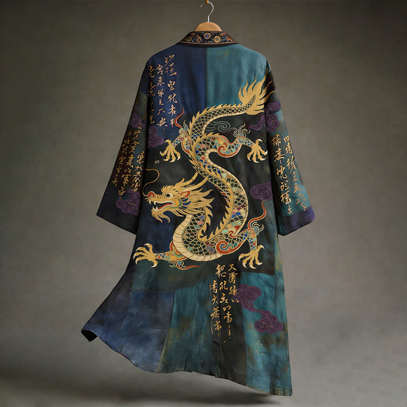 Herren Vintage Japanische Kalligraphie Drachenkunst Muster Leinenmischung Kimono