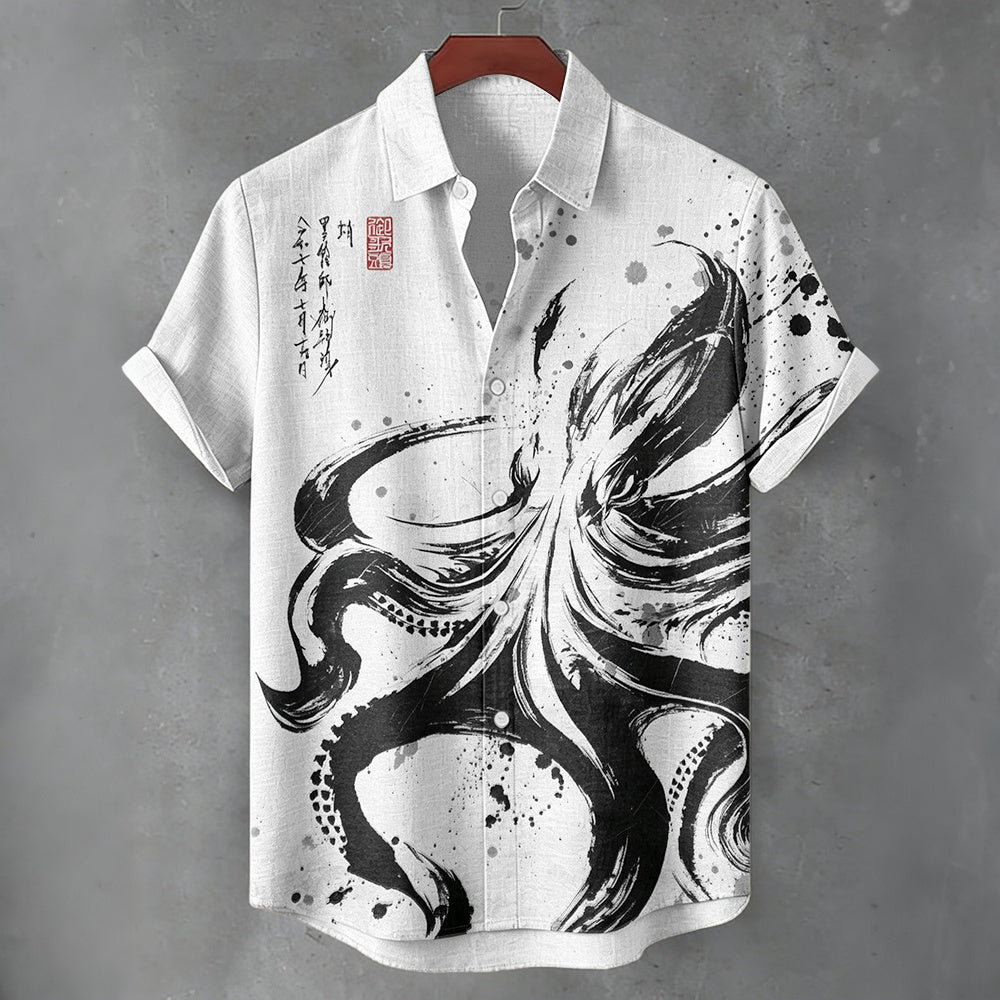 Men's Retro Japanese Octopus And Calligraphy Ink Art Pattern Casual Shirt