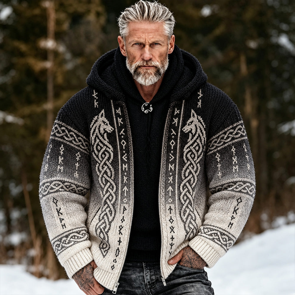 Men's Vintage Viking Style Wolf Totem And Celtic Knot Art Jacquard Hooded Cardigan Sweater