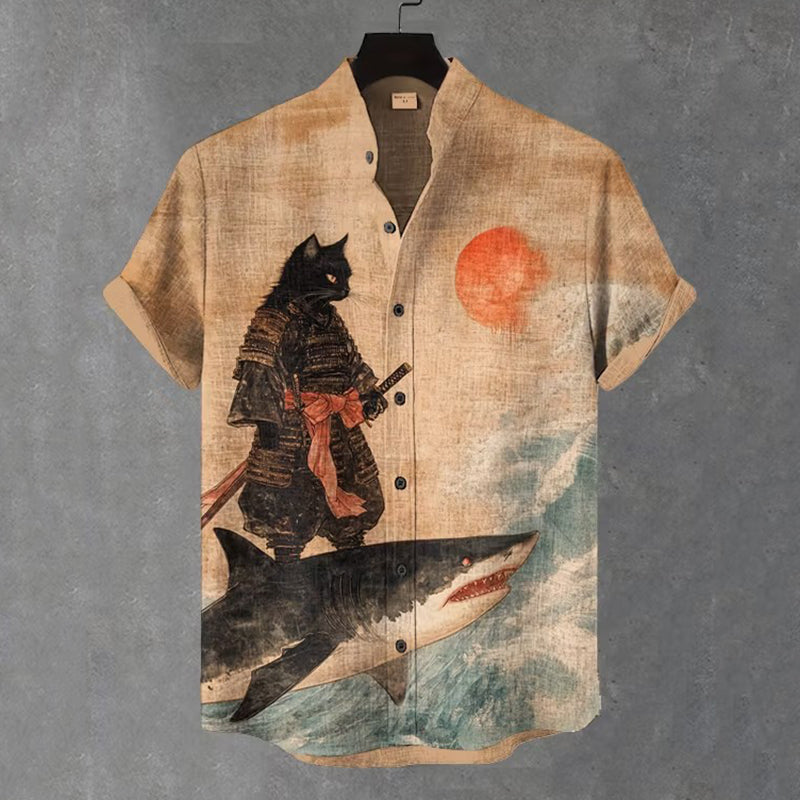 Men's Black Cat Warrior And Shark Art Print Casual Shirt