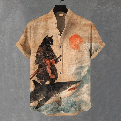 Herren Freizeit-Shirt mit Schwarzer Katze, Krieger und Hai Kunst-Print