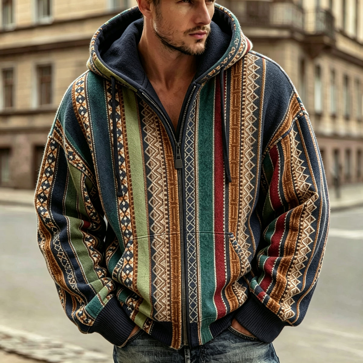 Men's Retro Geometric Ethnic Pattern Casual Warm Zip-up Hoodie