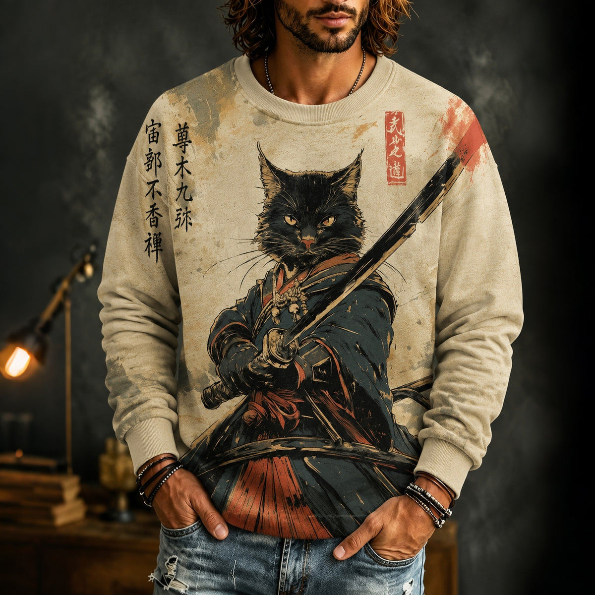 Men's Black Cat Samurai Japanese Art Print Casual Sweatshirt
