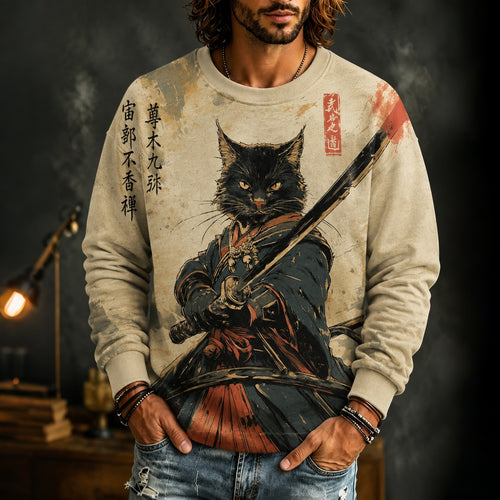 Men's Black Cat Samurai Japanese Art Print Casual Sweatshirt