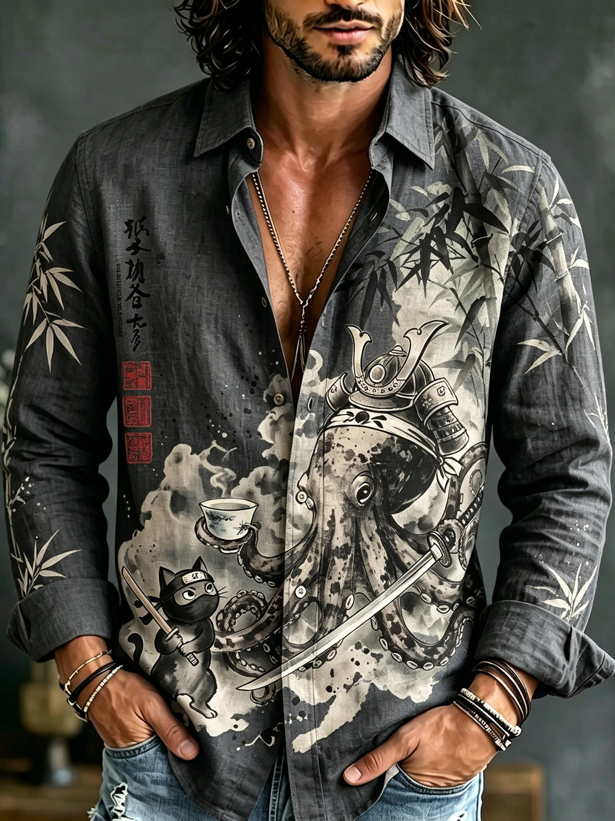 Men's Japanese Octopus Samurai Art Print Long Sleeve Shirt