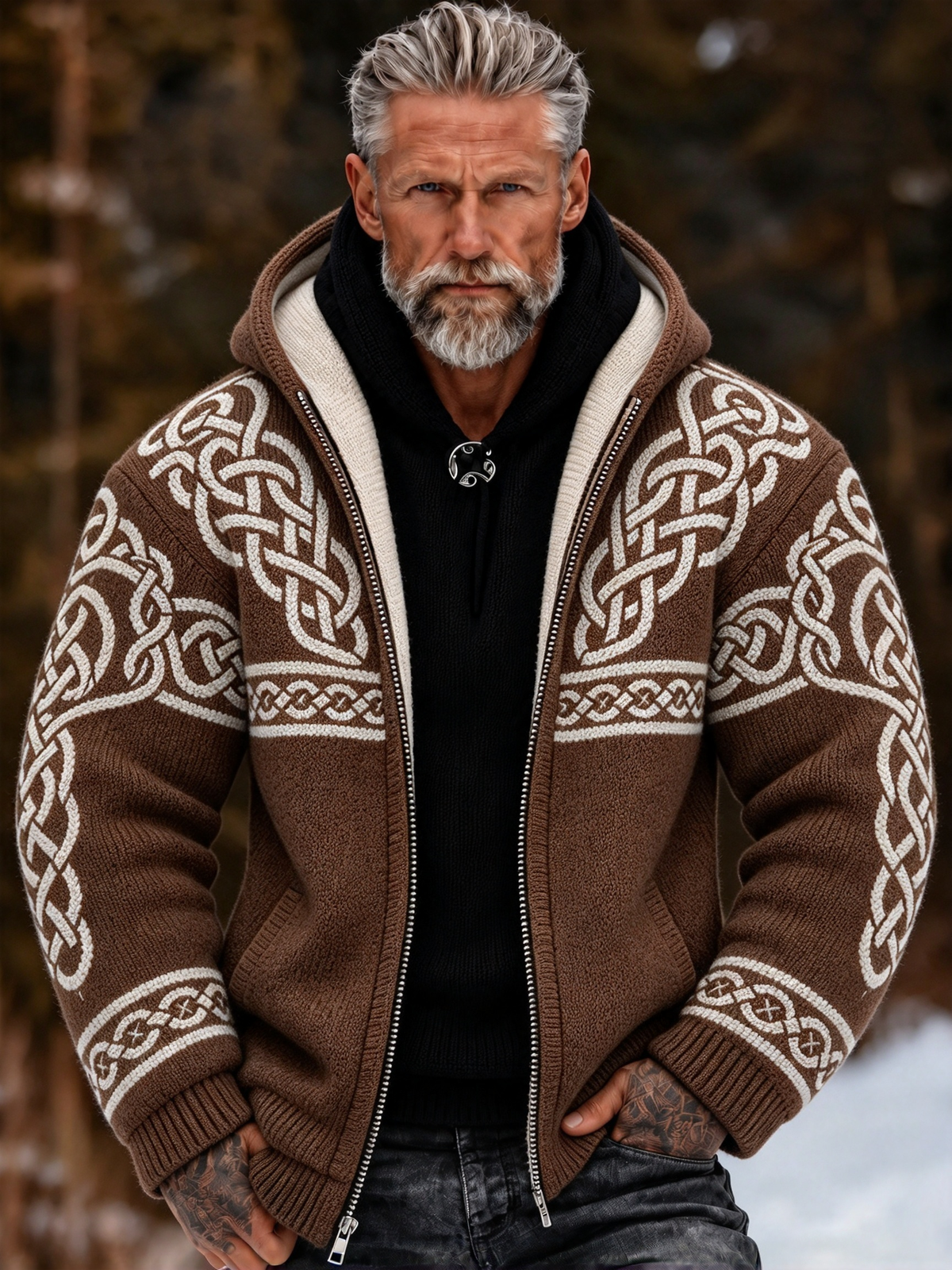 Men's Vintage Viking Celtic Knot Cozy Warm Knitted Jacquard Zipper Hooded Sweater