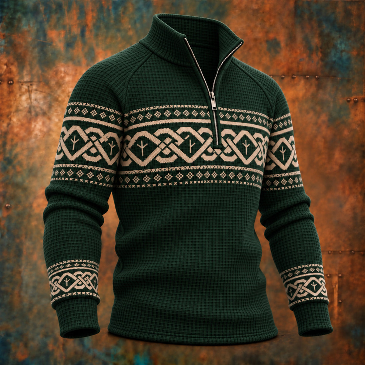 Men’s Vintage Viking Celtic Knot Print Long-sleeve Waffle-knit Sweatshirt
