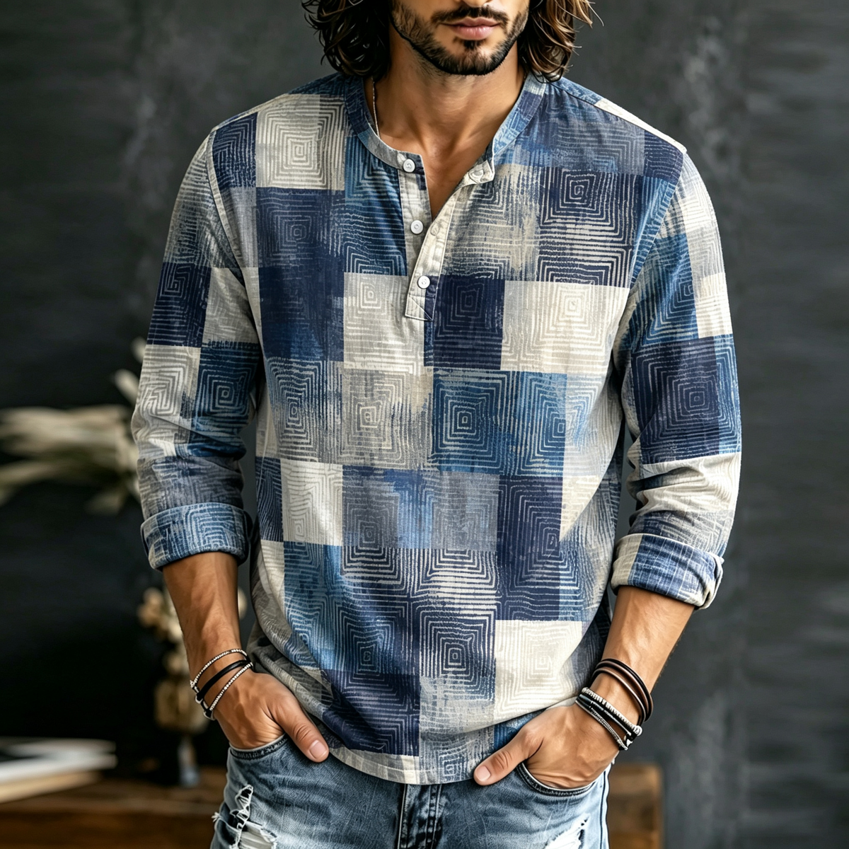 Men's Vintage Geometric Block Art Print Long Sleeve Comfortable Top