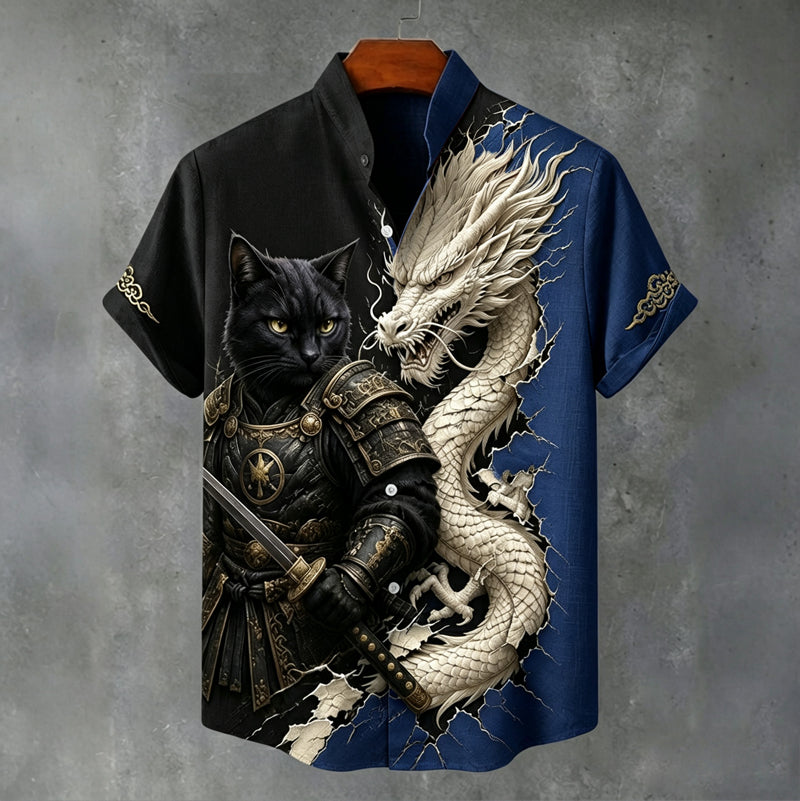 Herren Vintage Schwarz Katze Krieger Und Weißer Drache Japanische Kunst Druck Leinenmischung Lässiges Hemd