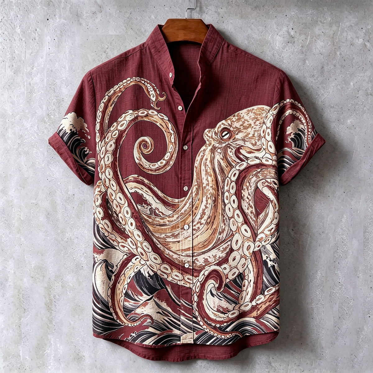 Men's Retro Japanese Art Octopus Print Cotton Linen Short-sleeve Shirt