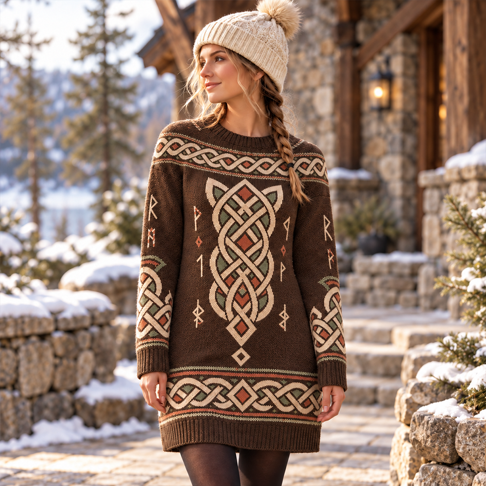 Women's Viking Celtic Knot And Rune Pattern Long Knit Sweater Dress