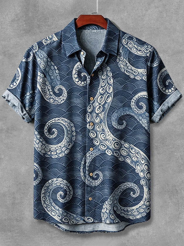 Men's Japanese Vintage Octopus With Wave Pattern Short-sleeve Shirt