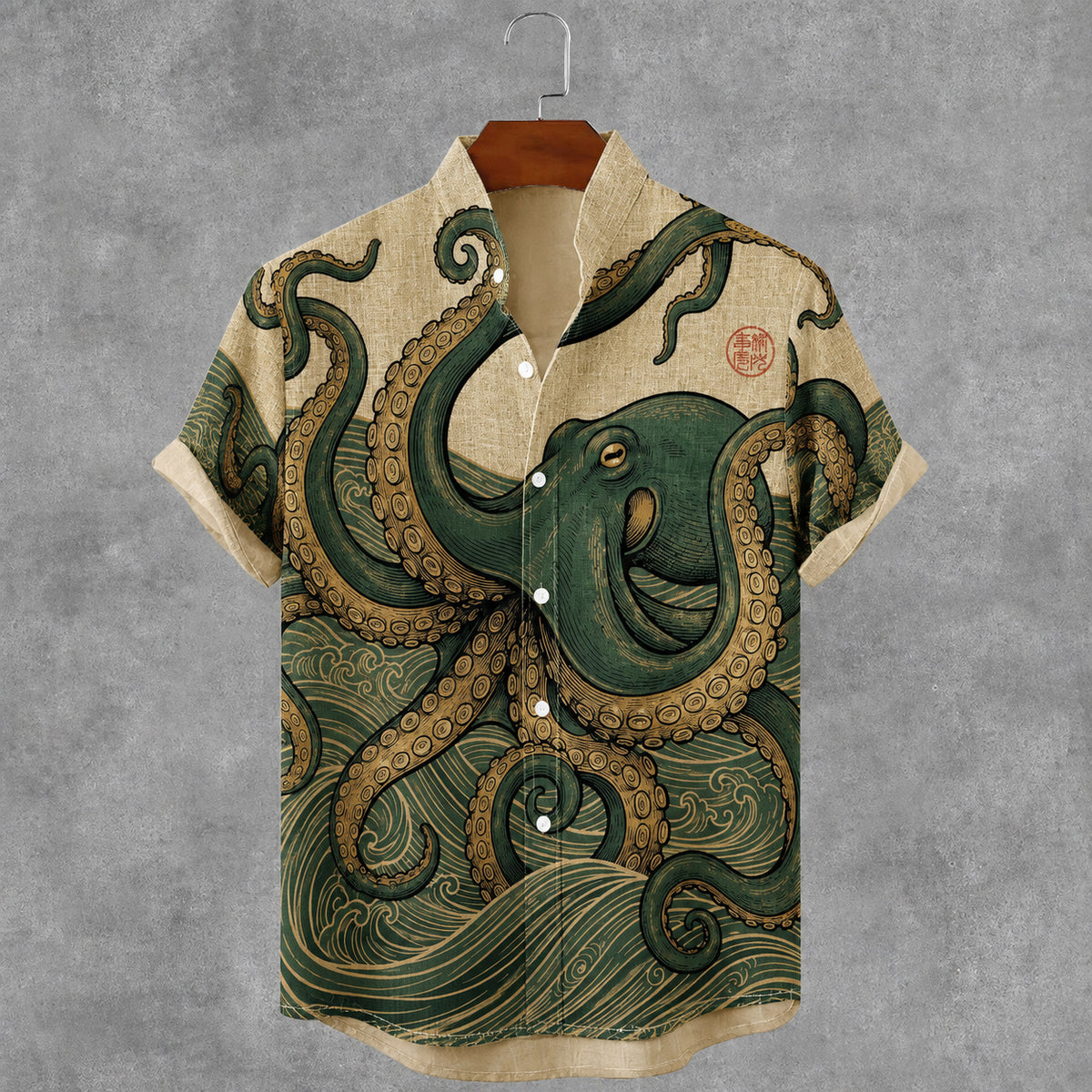 Men's Vintage Japanese Octopus Art Print Short Sleeve Shirt