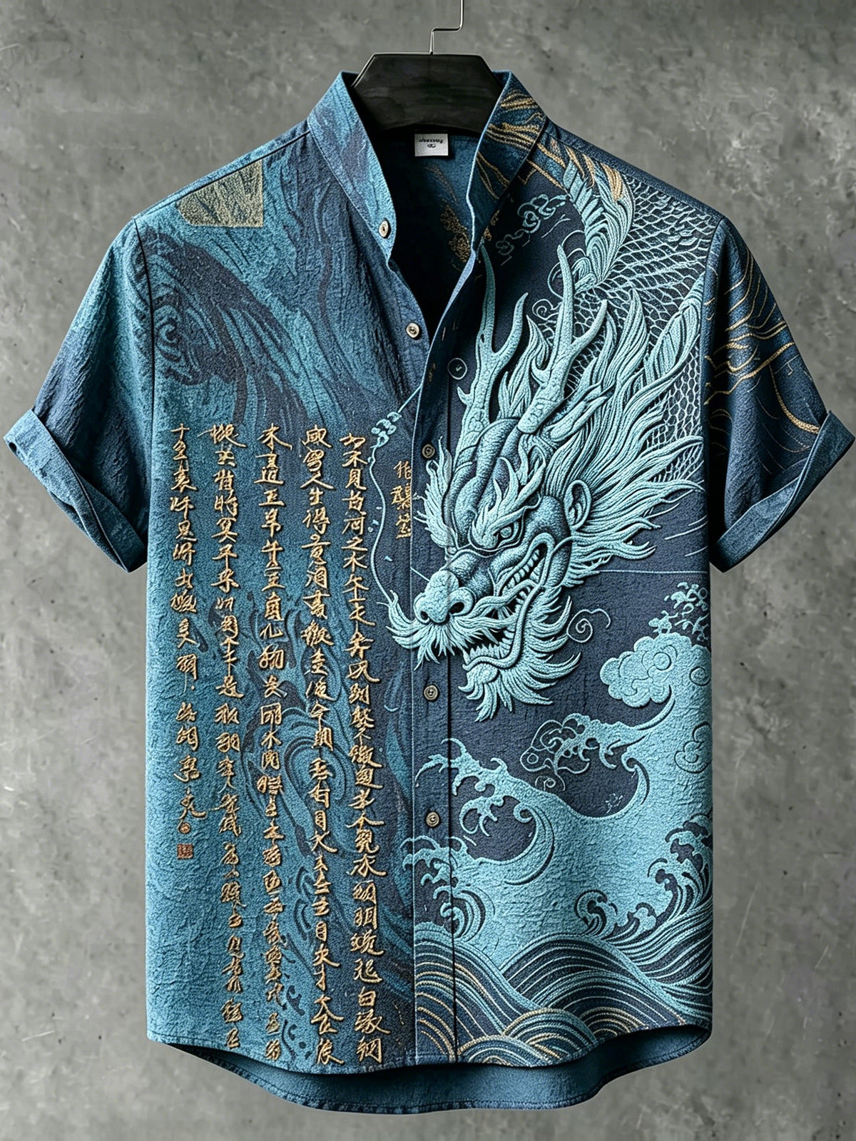 Men's Retro Japanese Art Dragon And Calligraphy Embroidered Print Short-sleeve Shirt
