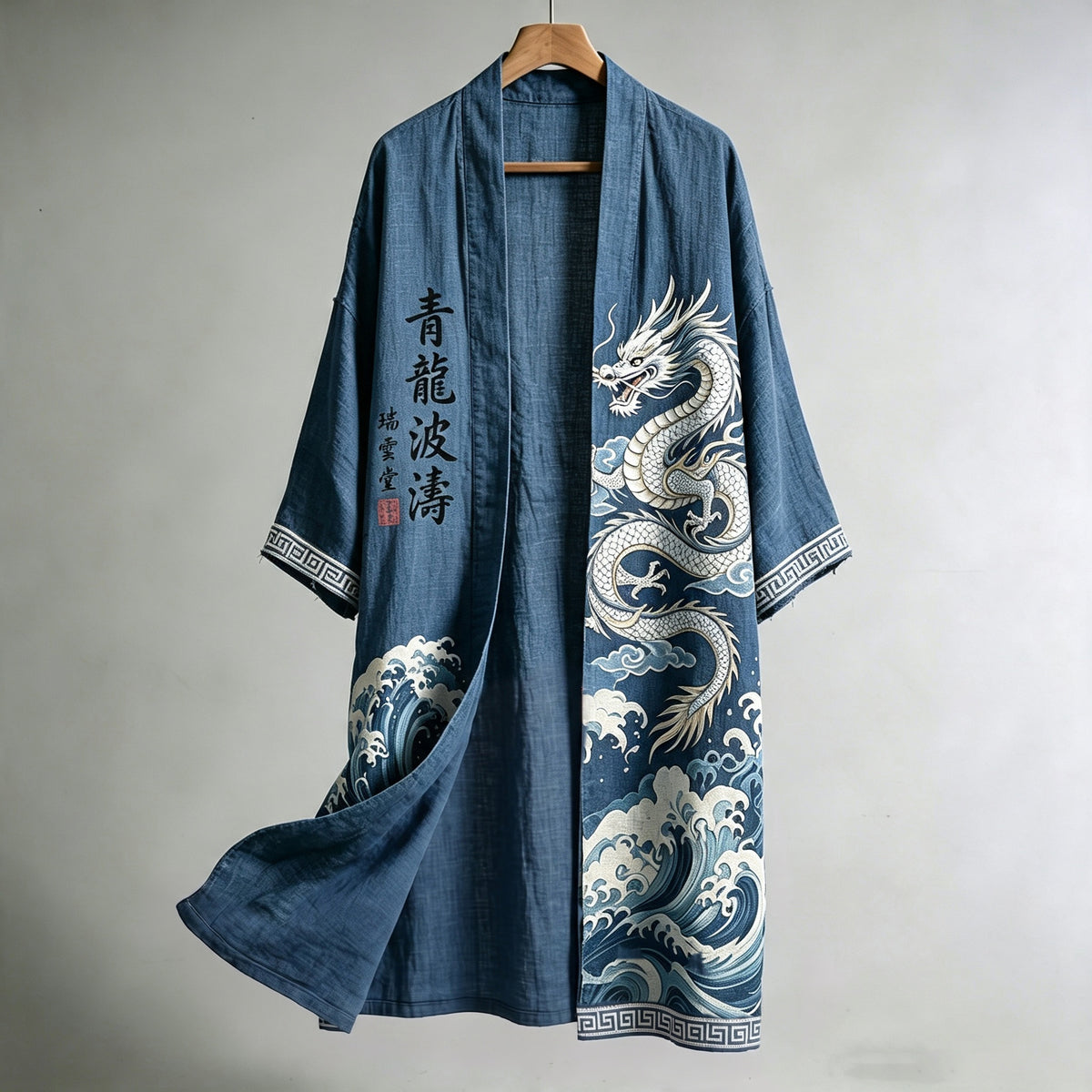 Men's Retro Japanese Wave And Dragon Art Print Linen Blend Long Kimono
