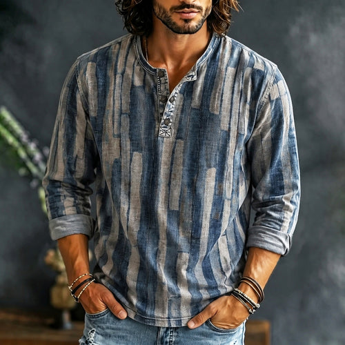 Men's Casual Contrast Geometric Color Block Henley Neck T-shirt