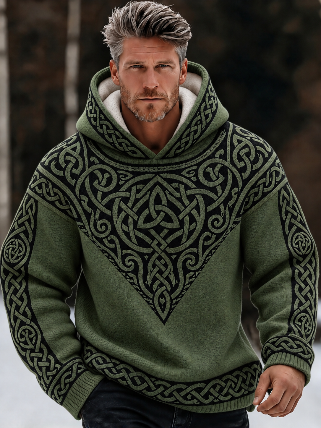 Men's Retro Viking Tribal Celtic Printed  Knit Hooded Sweater