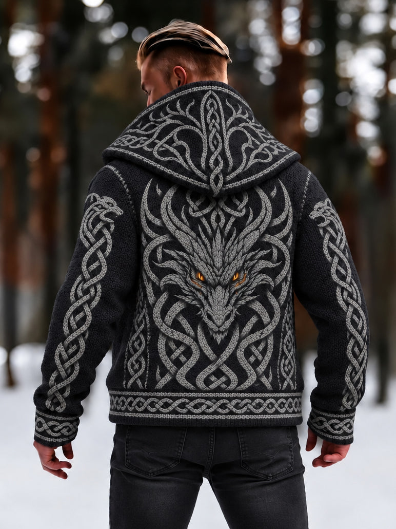 Men's Retro Dragon Pattern Zip-up Cozy Hooded Sweater
