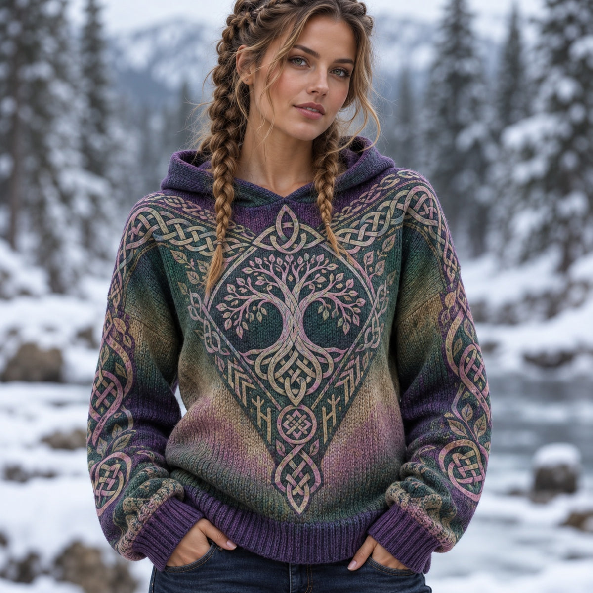 Women's Vintage Viking Celtic Knot Vegvisir Tree Of Life Art Print Knit Sweater