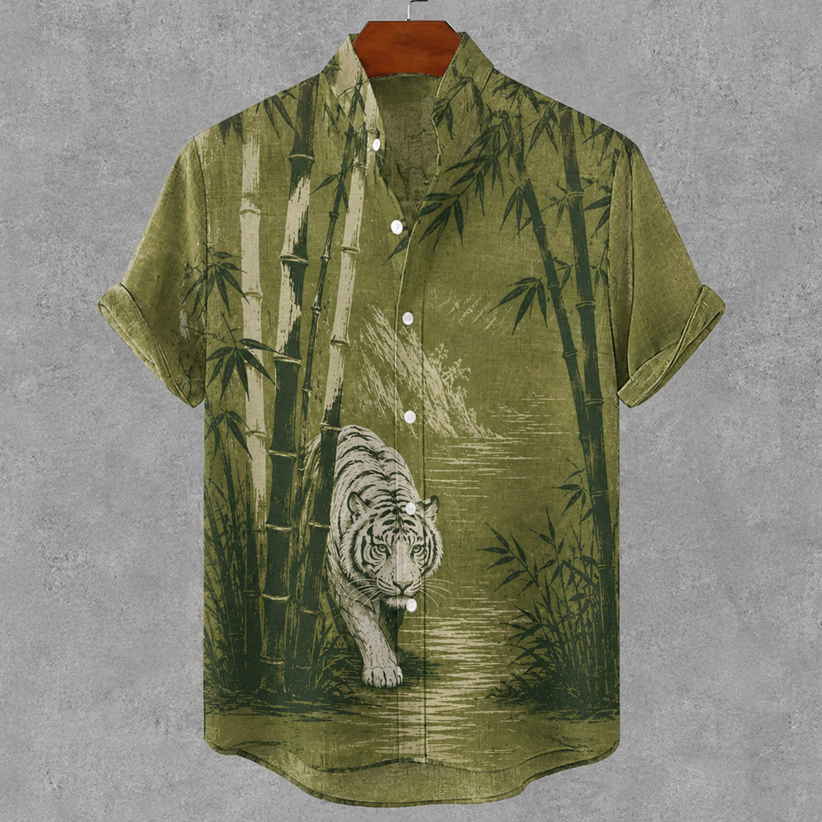 Men's Retro Japanese Bamboo And Tiger Art Print Short Sleeve Shirt