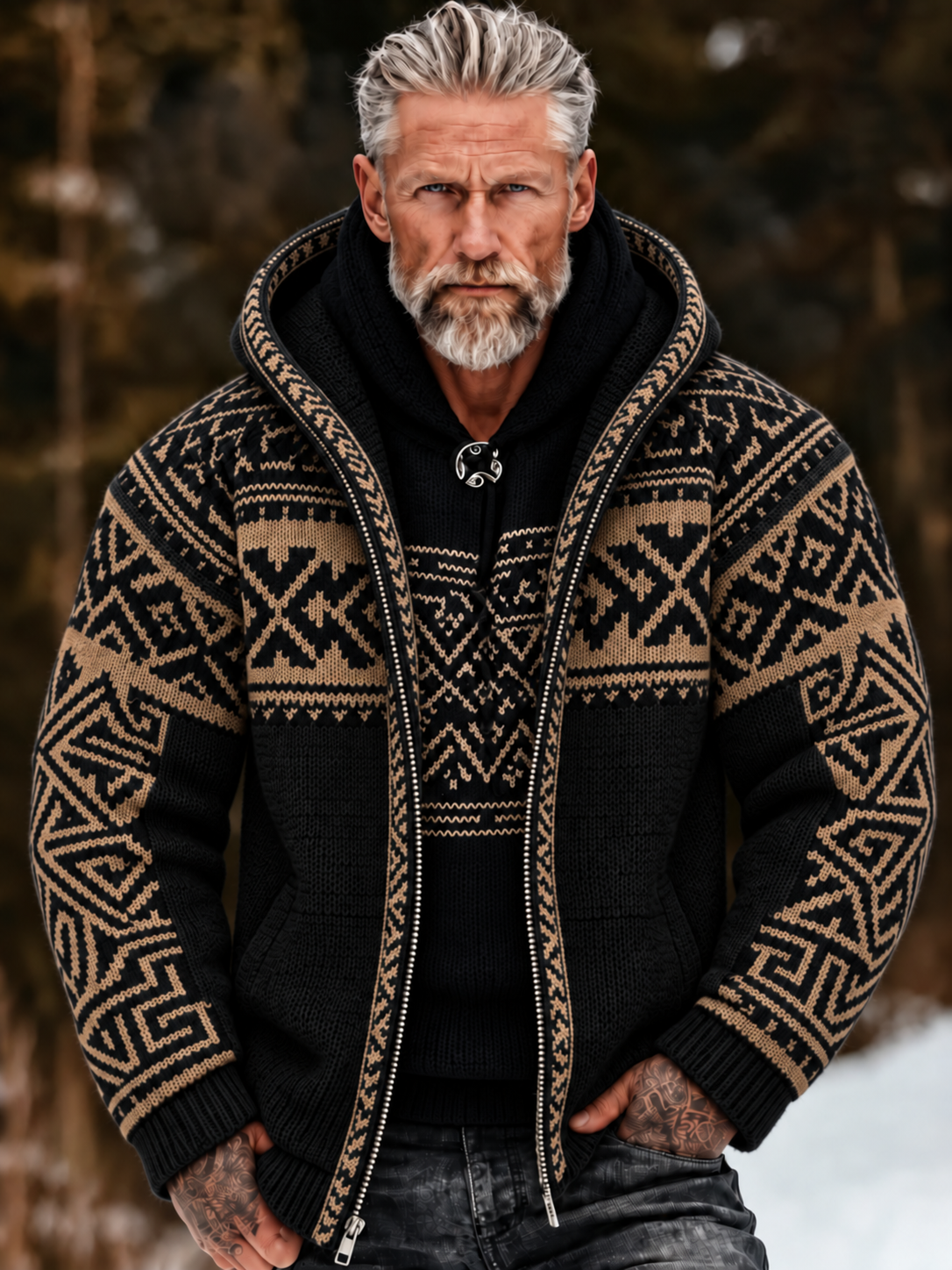 Men's Vintage Geometry Art Cozy Warm Knitted Jacquard Zipper Hooded Sweater