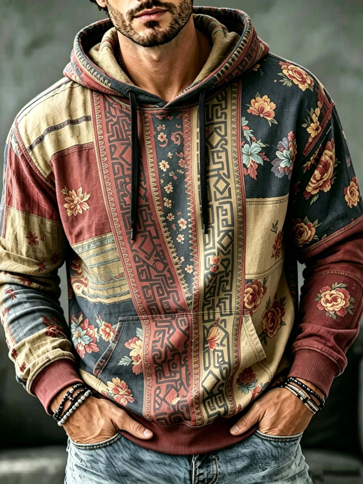 Men's Vintage Fw  Bohe Floral In Patchwork Art Print Hoodie