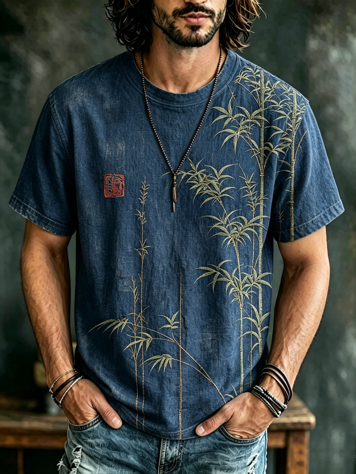 Men's Bamboo Japanese Art Print Casual T Shirt