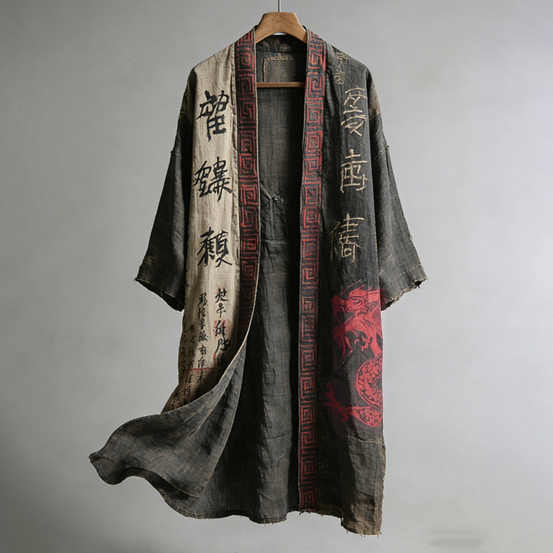 Herren Japanischer Drachenmuster Kalligrafie- und Malerei-Kunst Leinen Langer Kimono