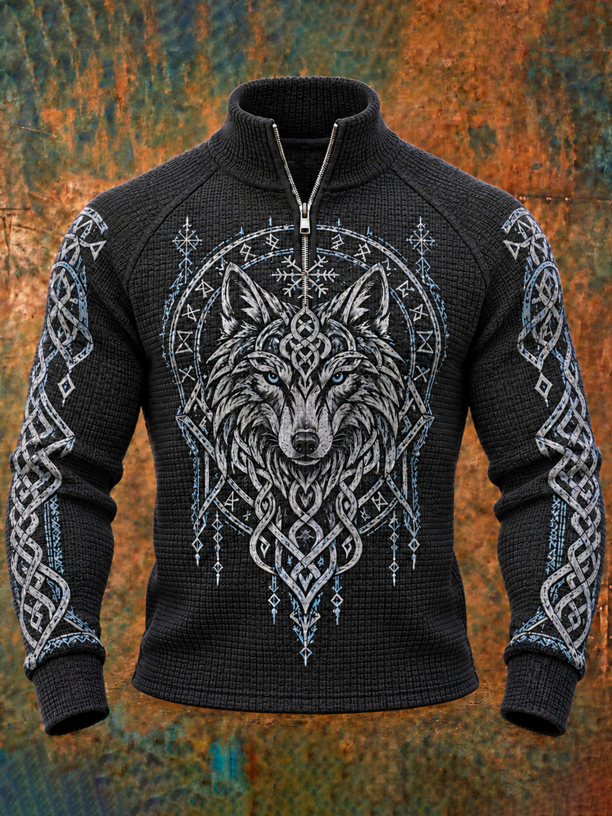 Men’s Vintage Viking Wolf And Celtic Knot Print Long-sleeve Waffle-knit Sweatshirt