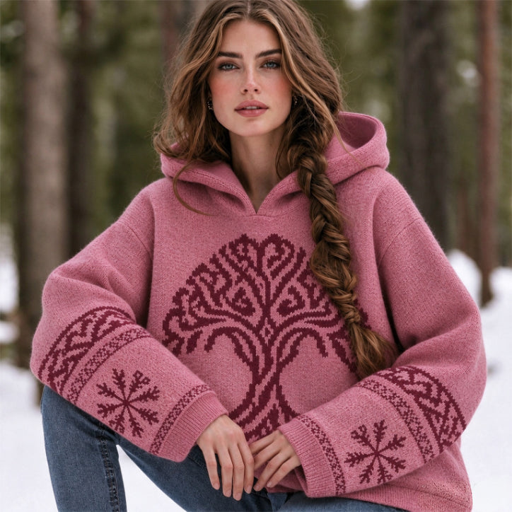 Women's Vintage Viking Celtic Knot Tree Of Life & Vegvisir Rune Knitted Hoodie