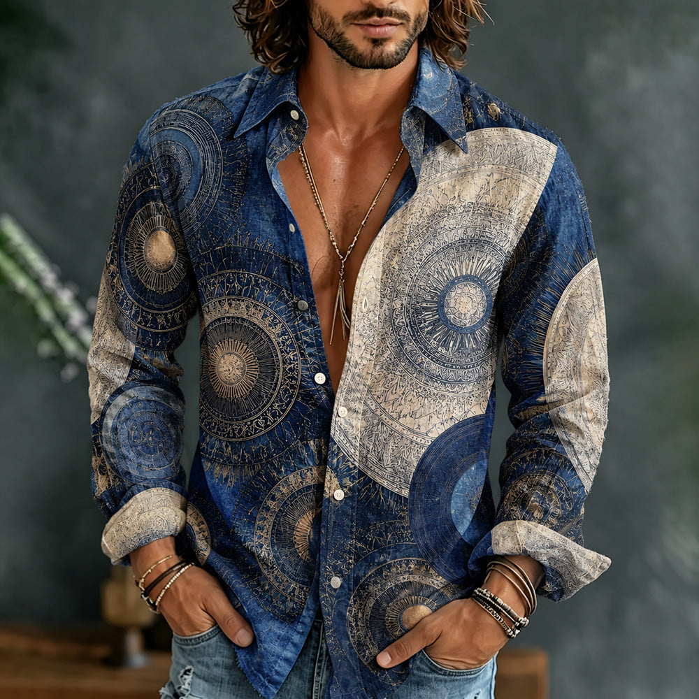 Men's Vintage Geometric Pattern Art Print Casual Long Sleeve Shirt