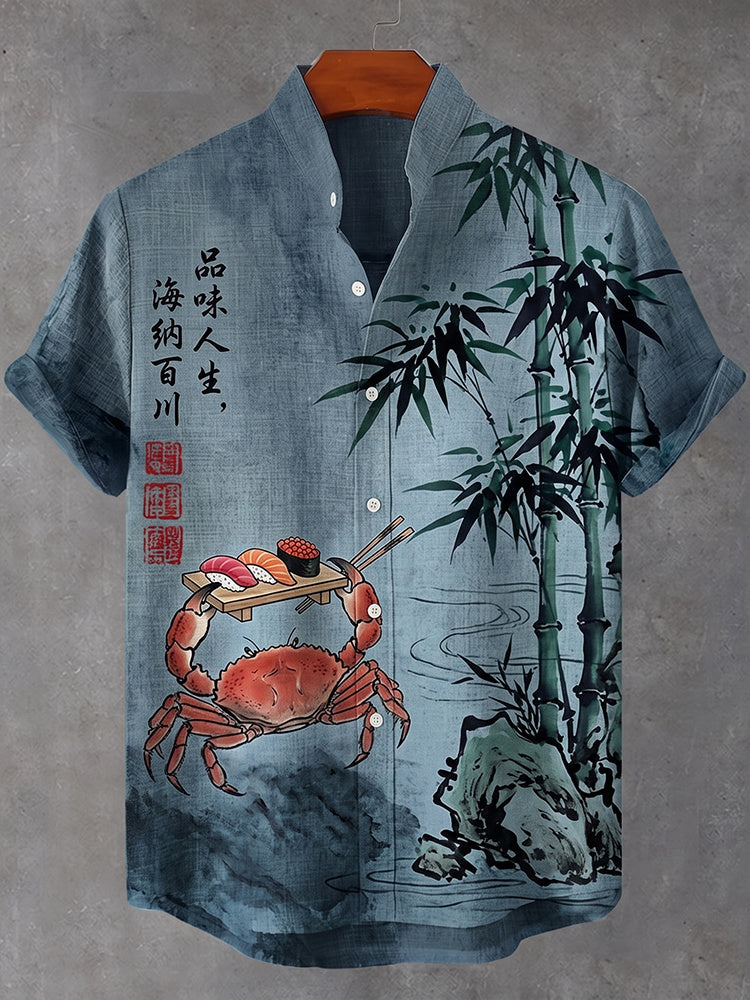 Men's Crab Eating Sushi And Bamboo Art Print Casual Shirt