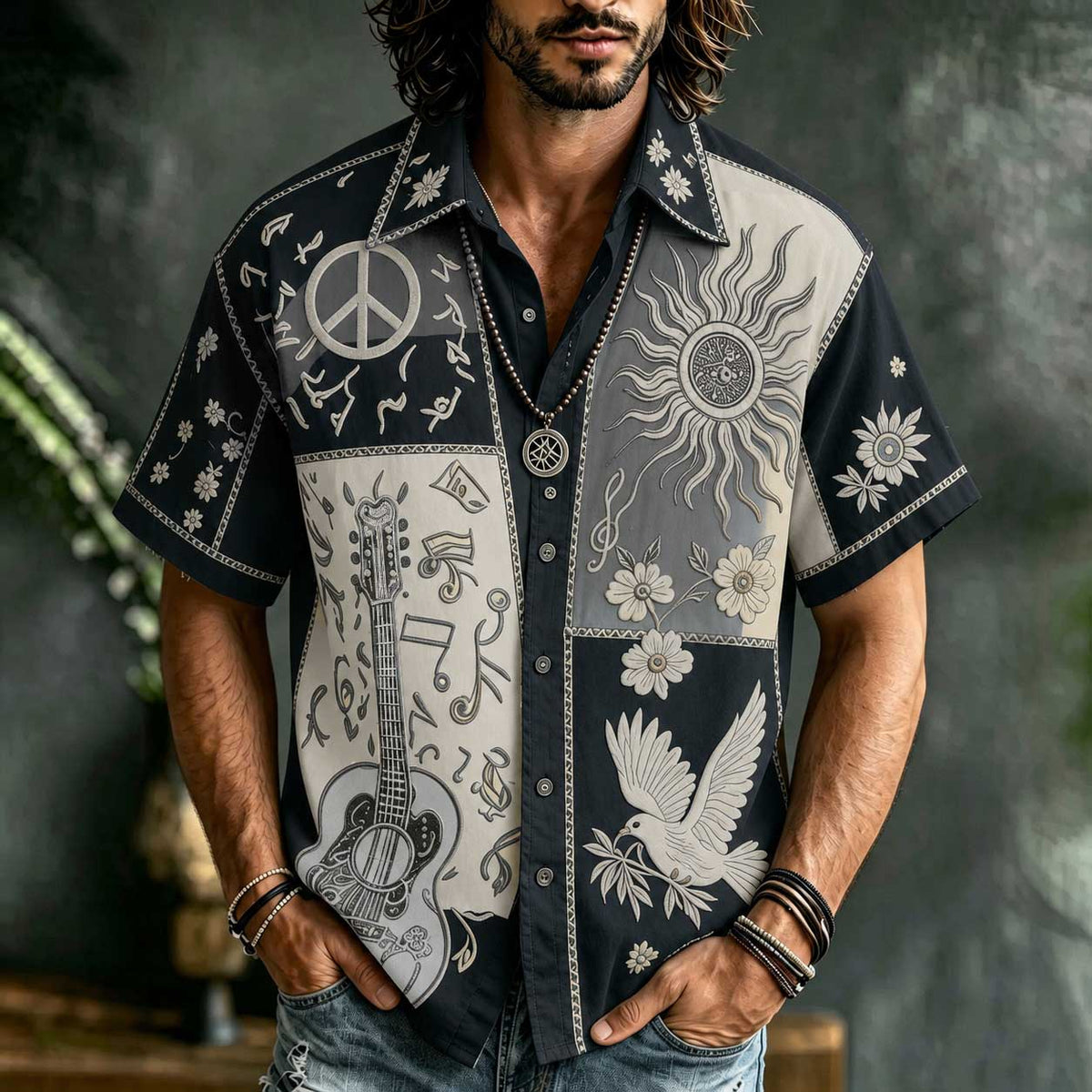 Men's Patchwork Denim Linen Short Sleeve Button Up Shirt, 3d Embroidery Guitar Peace Sign Sun Dove Floral Hippie Boho Vacation Shirt