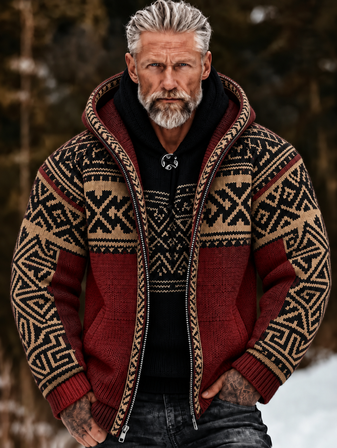 Men's Vintage Geometry Art Cozy Warm Knitted Jacquard Zipper Hooded Sweater