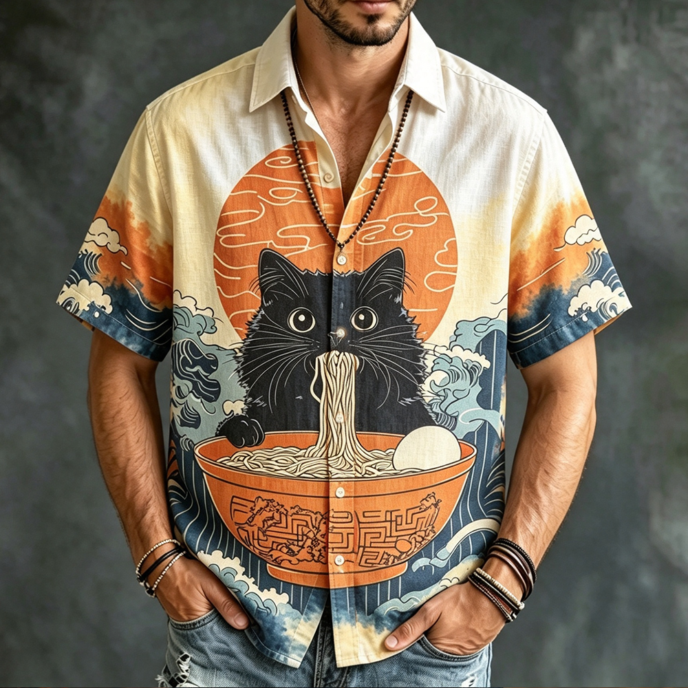 Men's Short-sleeve Button-up Shirt Featuring A Japanese-style Black Cat Eating Ramen With A Rising Sun Background