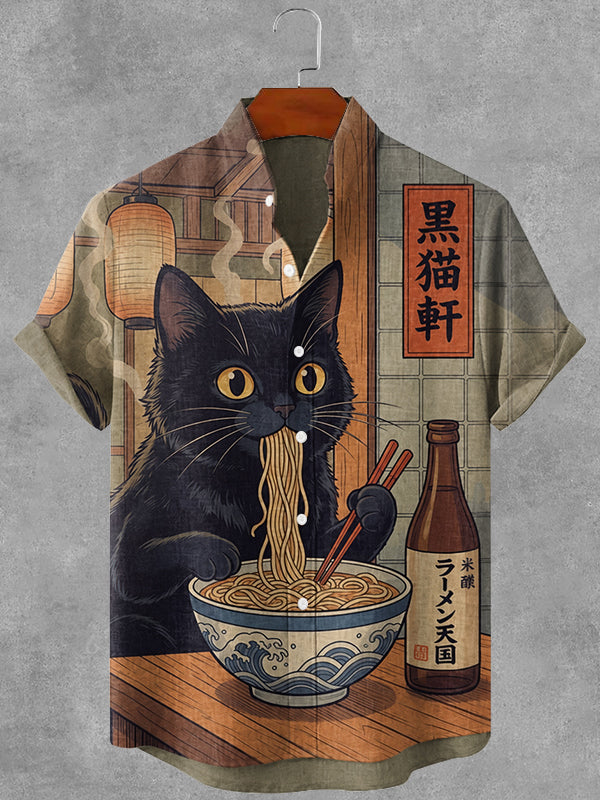 Vintage Black Cat Eating Noodles Art Print Casual Cotton Linen Shirt