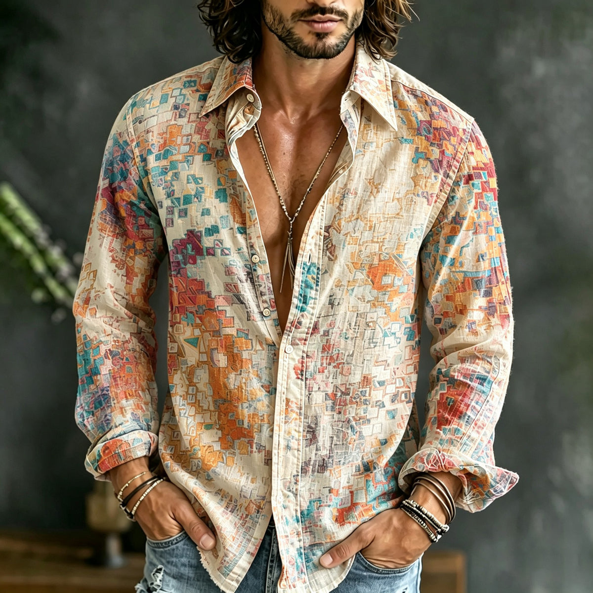 Men's Retro Oil Painting Style Lattice Gradient Art Print Linen Blend Long-sleeve Shirt