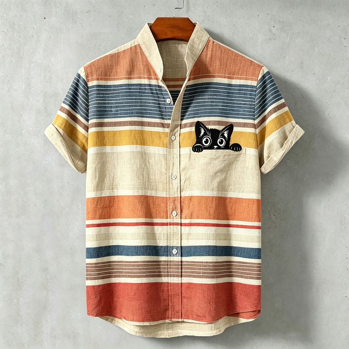 Men's Casual Retro Striped Black Cat Short-sleeve Linen Shirt