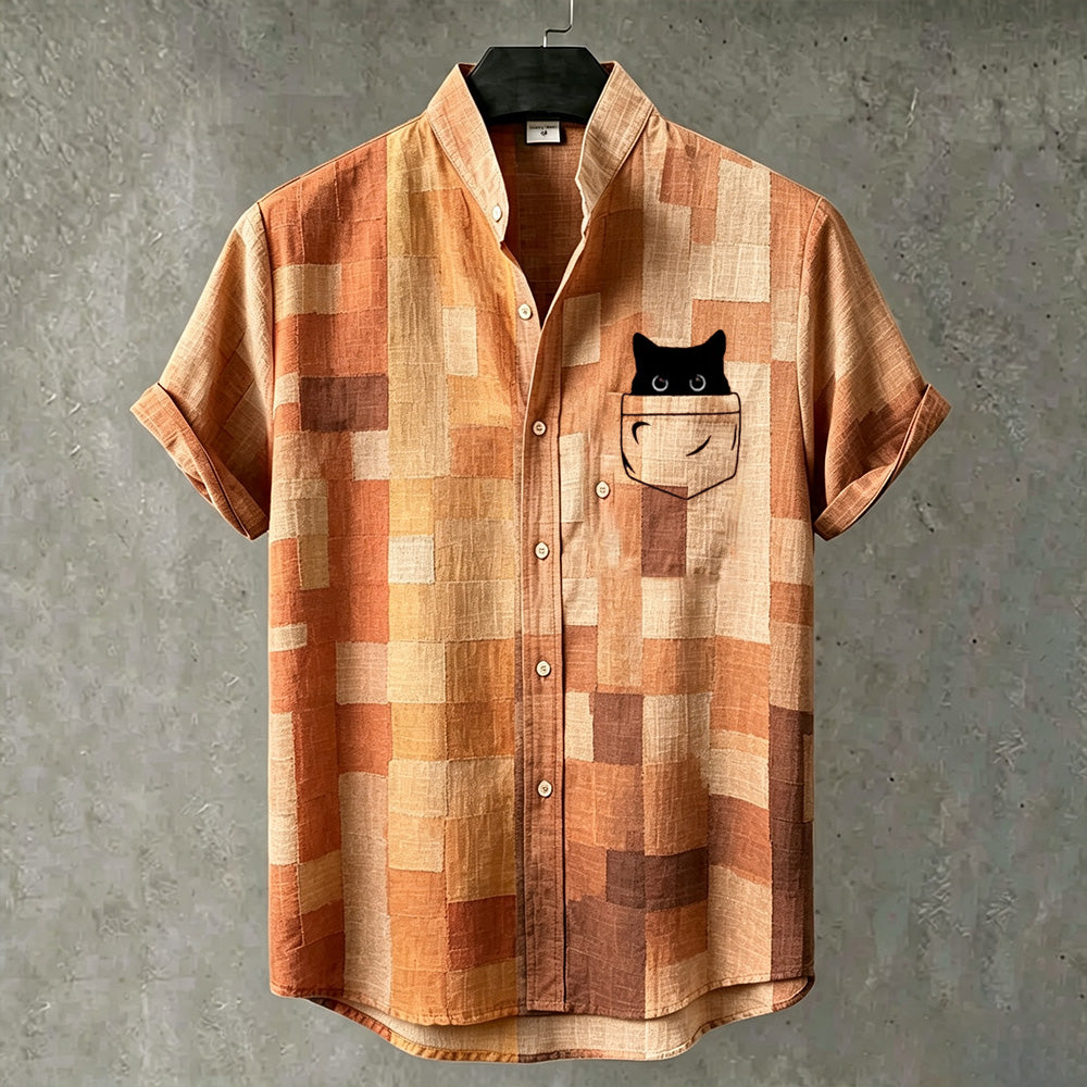 Men's Vintage Pocket Black Cat Art Casual Short-sleeved Shirt
