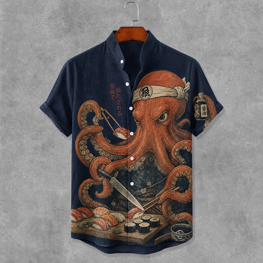 Men's Japanese Ukiyo-e Octopus Sushi Chef Graphic Print Short Sleeve Shirt