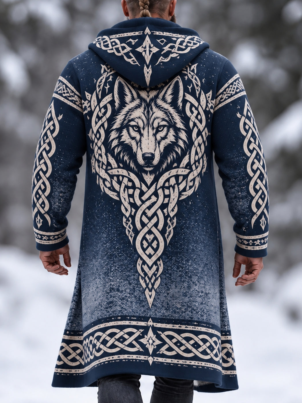 Men's Viking Wolf Celtic Knot Art Print Mid-length Warm Coat